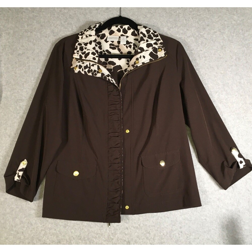 Chico's Zenergy Animal Print Zip Up Jacket 3/4 SLV Brown & White Womens Size 1